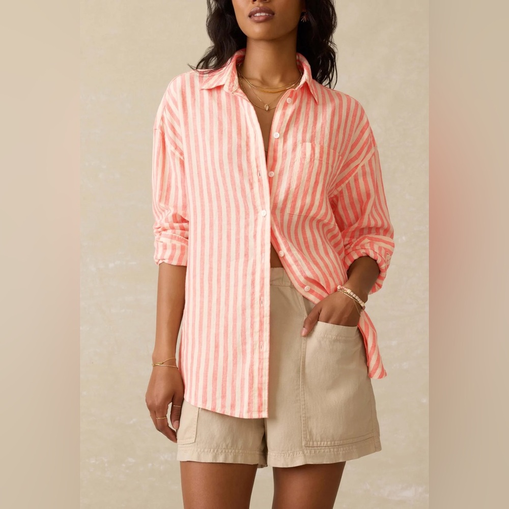 Faherty Laguna Linen Relaxed Striped Button Down Shirt - Peach